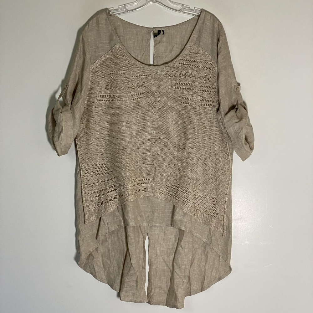 Stella Carakasi Top Womens XL Beige Hemp Linen Knit Hi Low Tunic Lagenlook